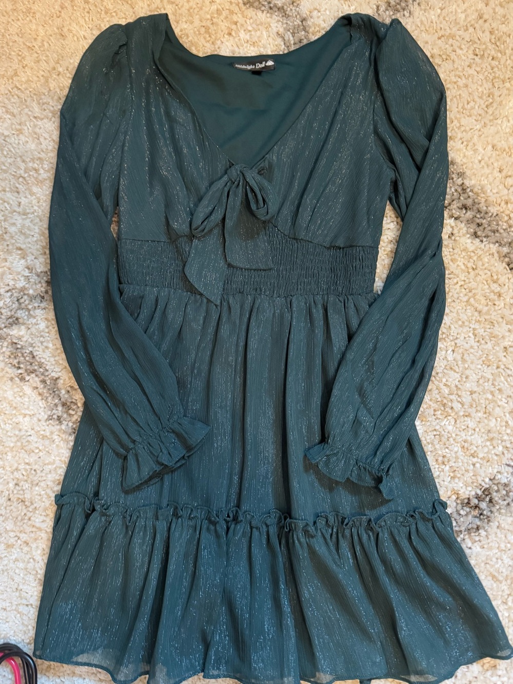Long Sleeve Green shimmer Tie-Front Smocked Waist Dress Size M